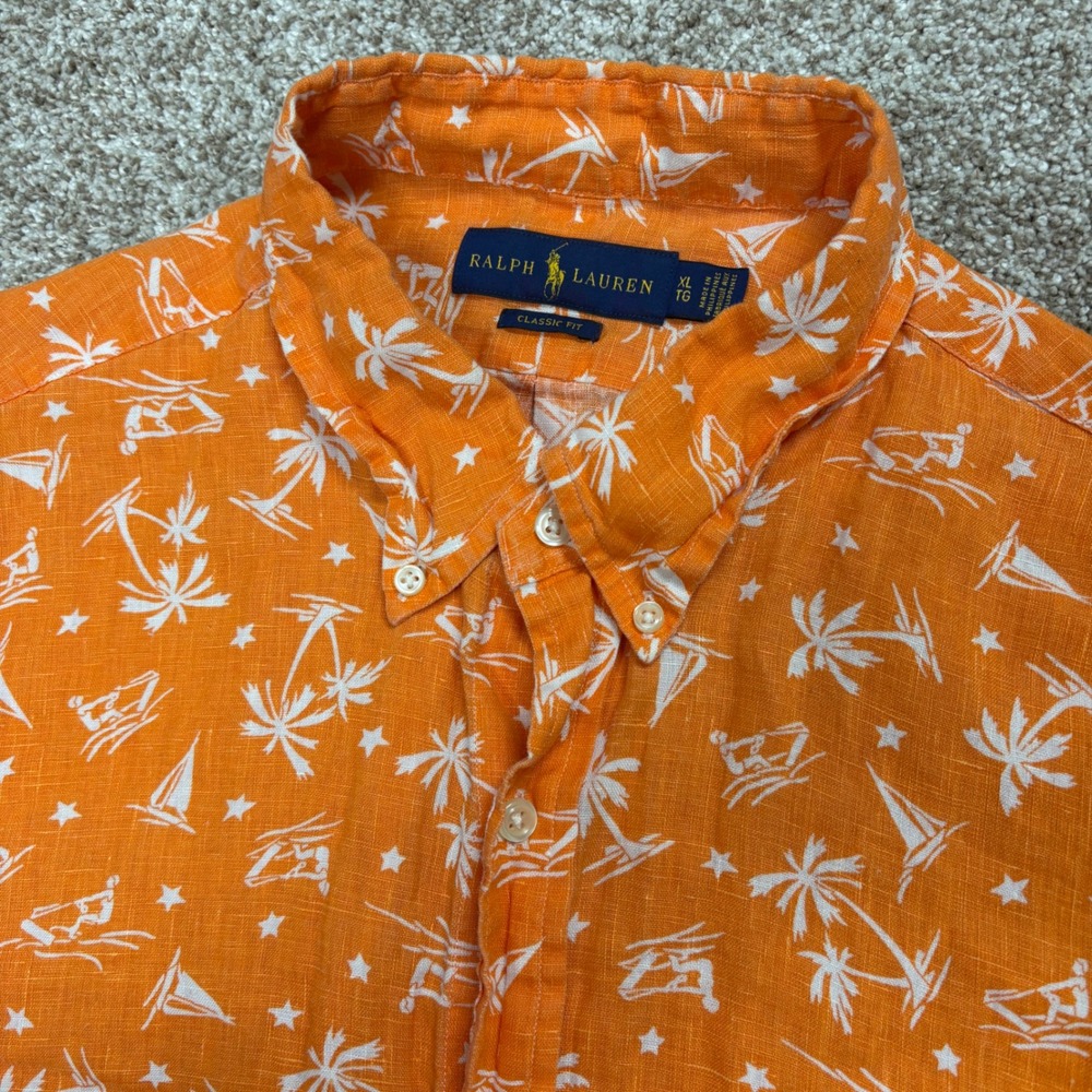 Polo Ralph Lauren Linen Shirt Mens XL Orange Button Tropical Palm Tree Sailboat